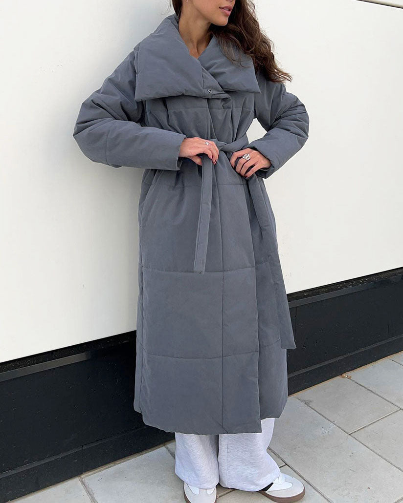 Elegant Long Cotton Coat with Large Lapel and Belt