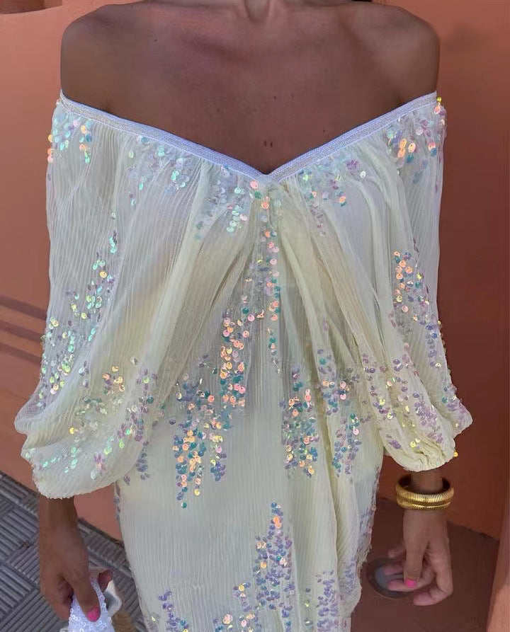 Sequin Off Shoulder Deep V-Neck Lantern Sleeve Mesh Maxi Dress - View 6
