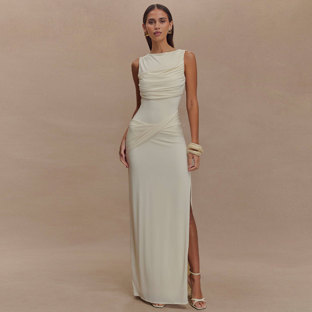 Ruched Boat Neck Draped Side-Slit Column Maxi Gown
