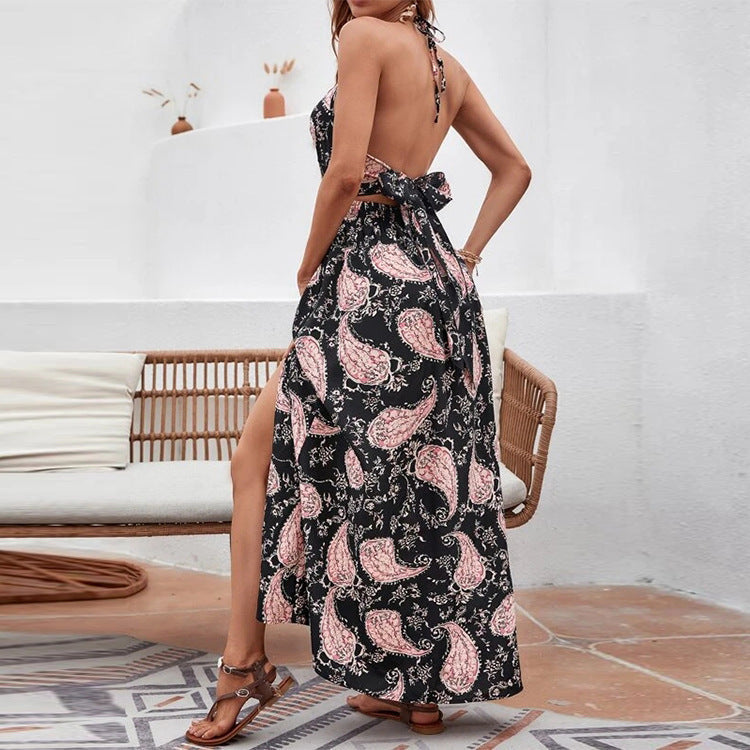Paisley Print Cutout High Slit Maxi Dress