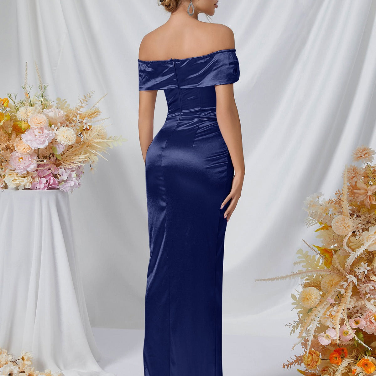 Satin Sweetheart Off Shoulder Ruched High Split Mermaid Gown - View 2