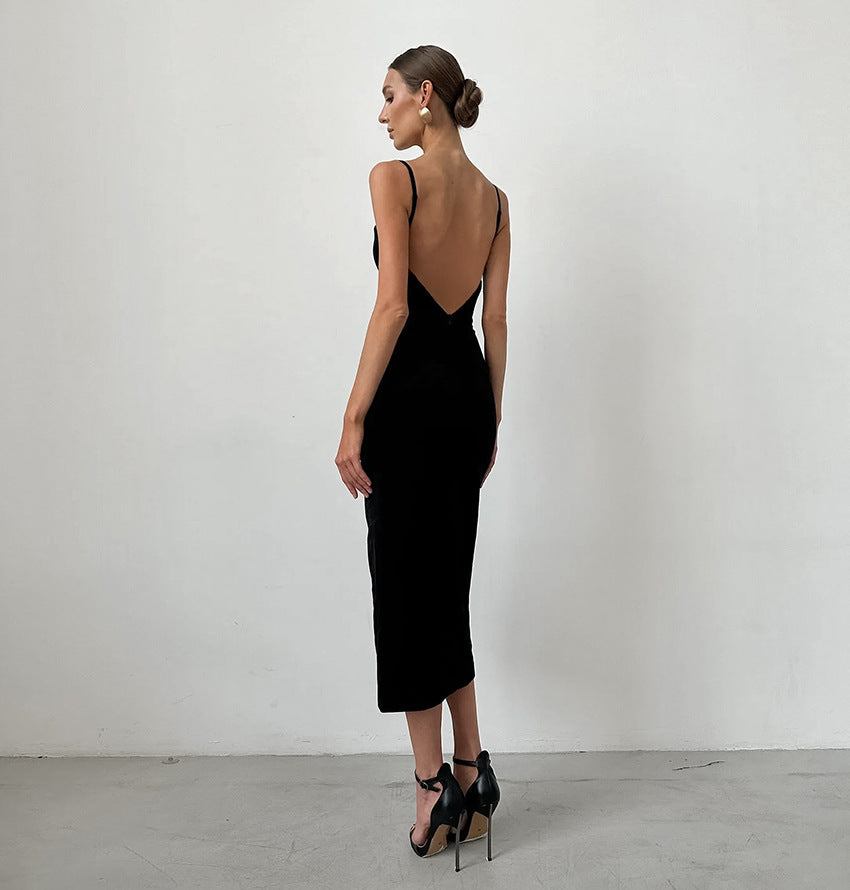 Velvet Spaghetti-Strap Front-Slit Bodycon Midi Dress 2