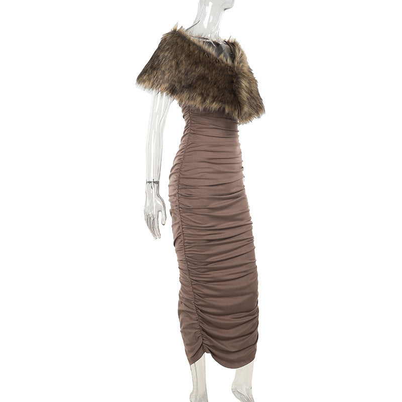 Faux-Fur Stole Off-Shoulder Ruched Bodycon Maxi Dress 7