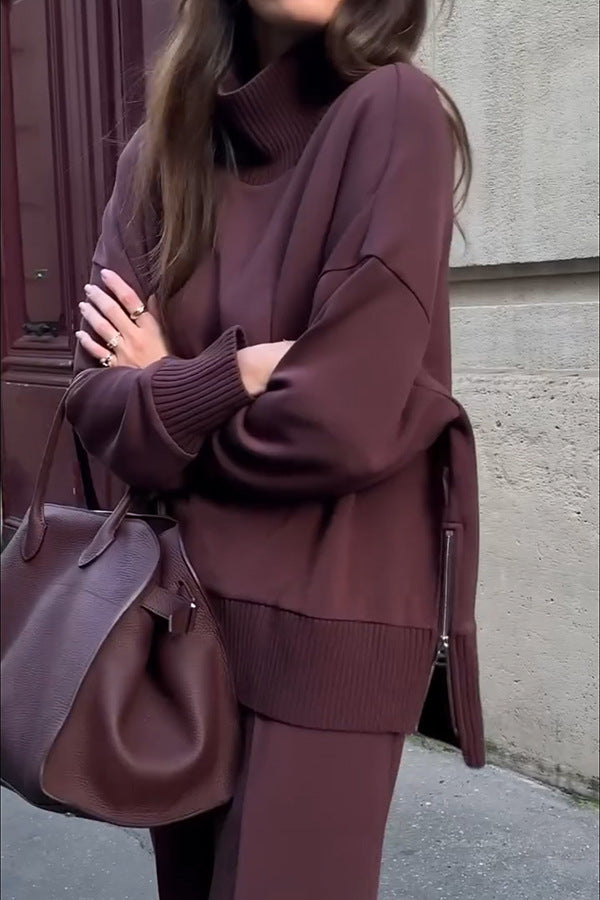 Long-sleeved side zipper sweatshirt and loose pocket pants two-piece set