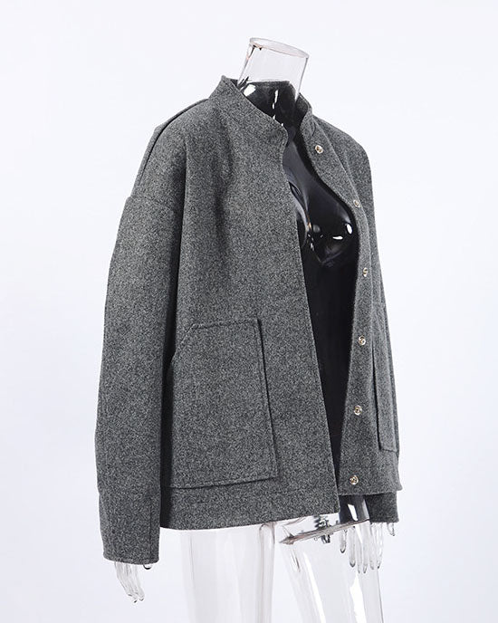Chic Gray Oversized Wool Coat with Stand Collar for Elegance