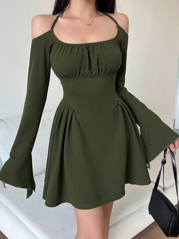 Cold-Shoulder Flare-Sleeve Fit-and-Flare Mini Dress