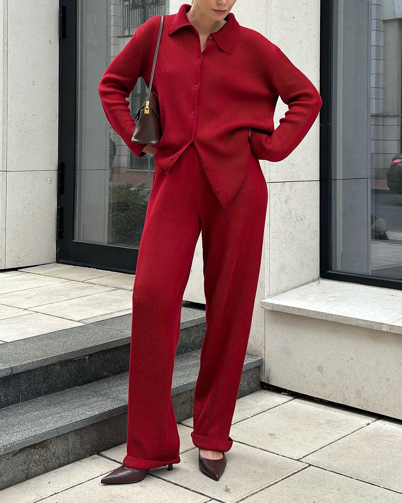 Lapel Ribbed Knitted Jacket and Loose Trousers Set
