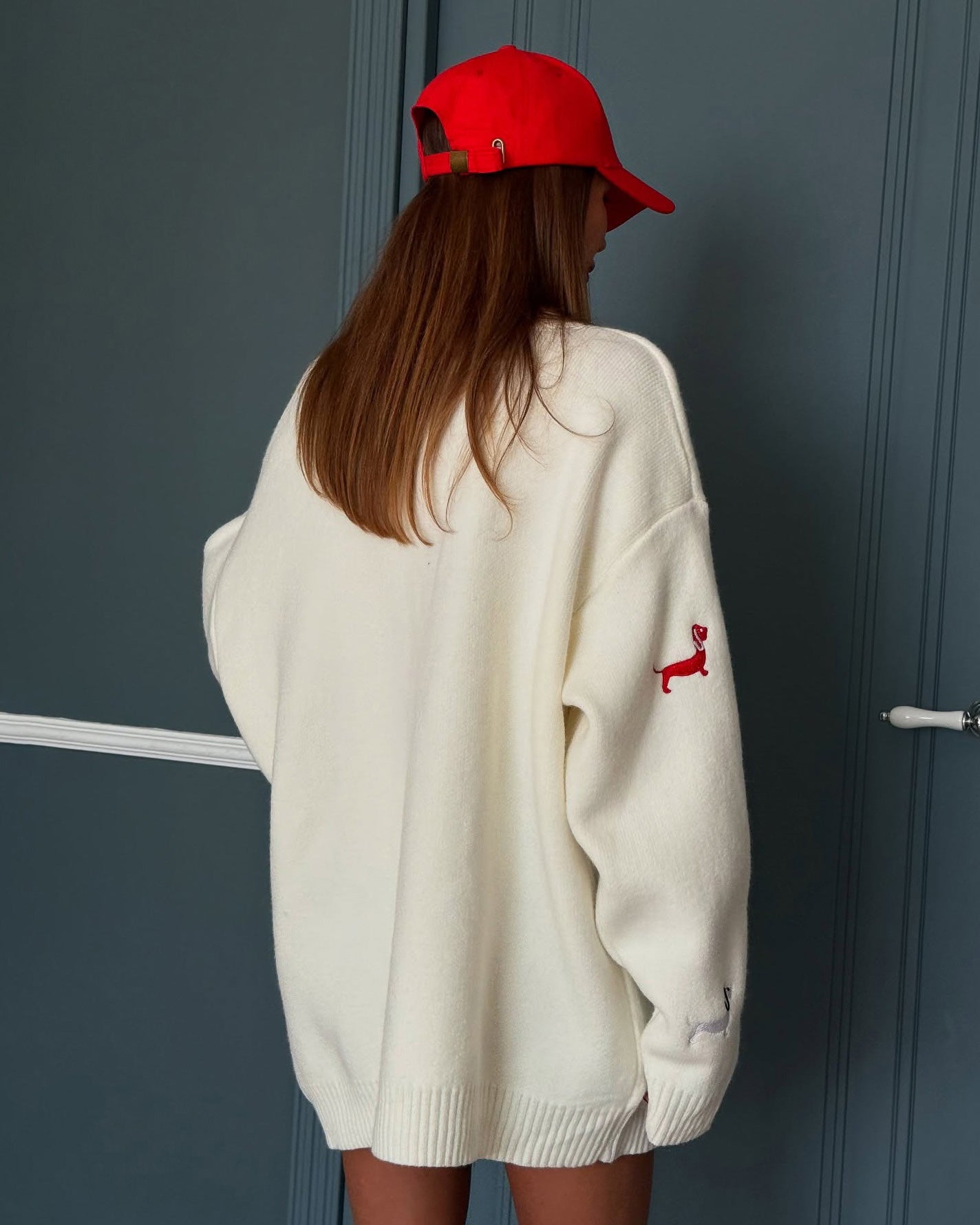 Single-breasted dachshund embroidered loose knit jacket