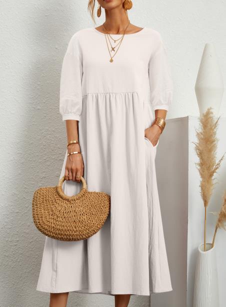 Crew Neck Puff Sleeve Pocket Babydoll Midi Dress