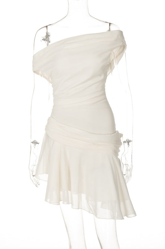 One Shoulder Ruched Chiffon Asymmetric Ruffle Hem Mini Dress 11