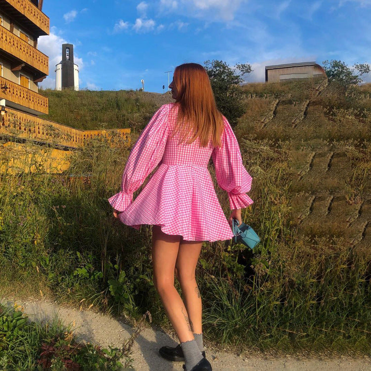 Pink Plaid Doll Collar Long Sleeve Dress GracefulA line Dress - Fashionpara