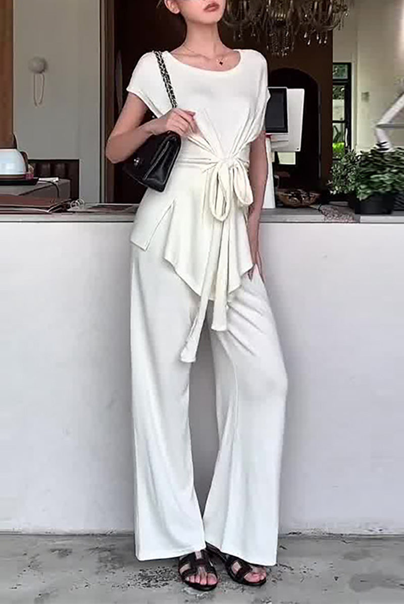 Tie-waisted irregular hem short-sleeved top with wide-leg pants two-piece set