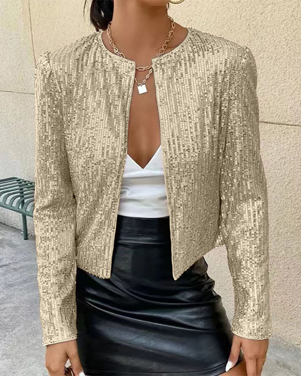 Smart Sequined Stand-Up Collar Short Coat for Stylish Elegance