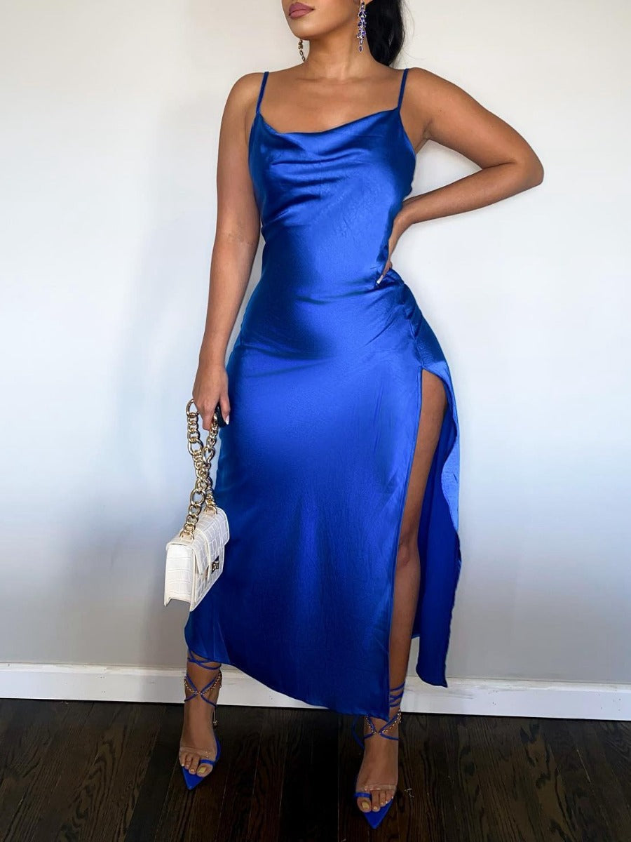 Satin Cowl Neck High Slit Slip Maxi Dress 3