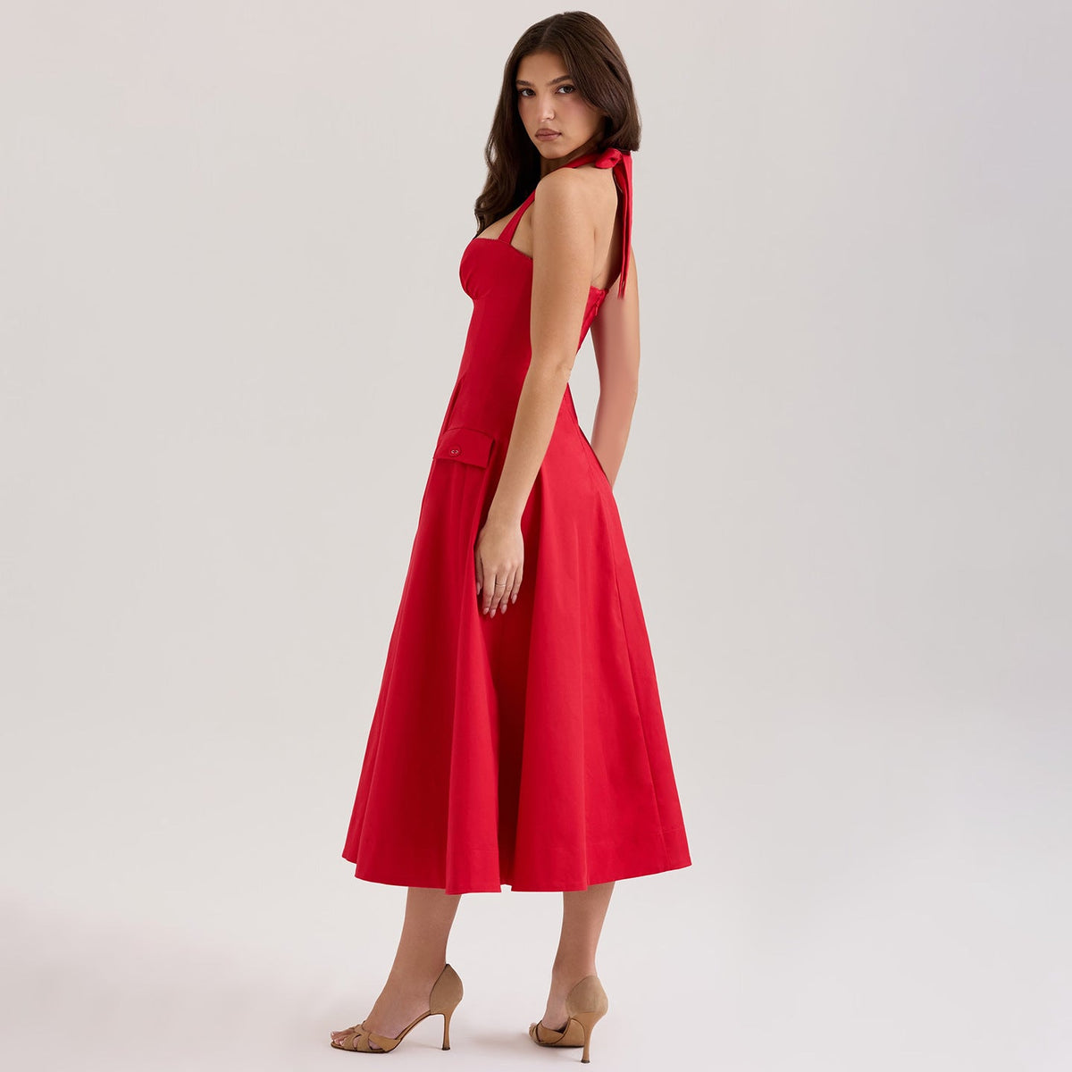 Halter Sweetheart Button-Front Flared Midi Dress 2