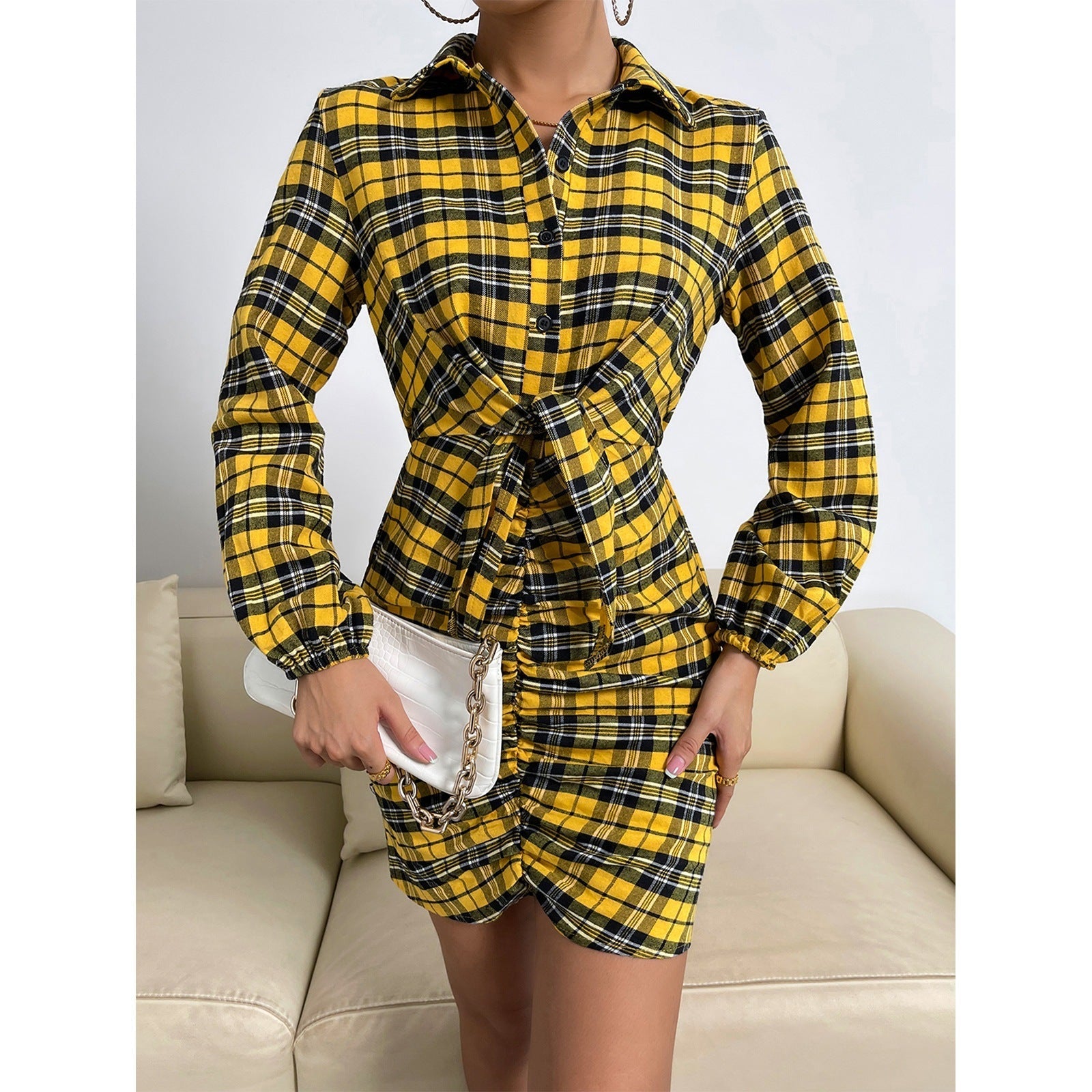 Venetia Plaid Tie Front Shirt Dress - Fashionpara