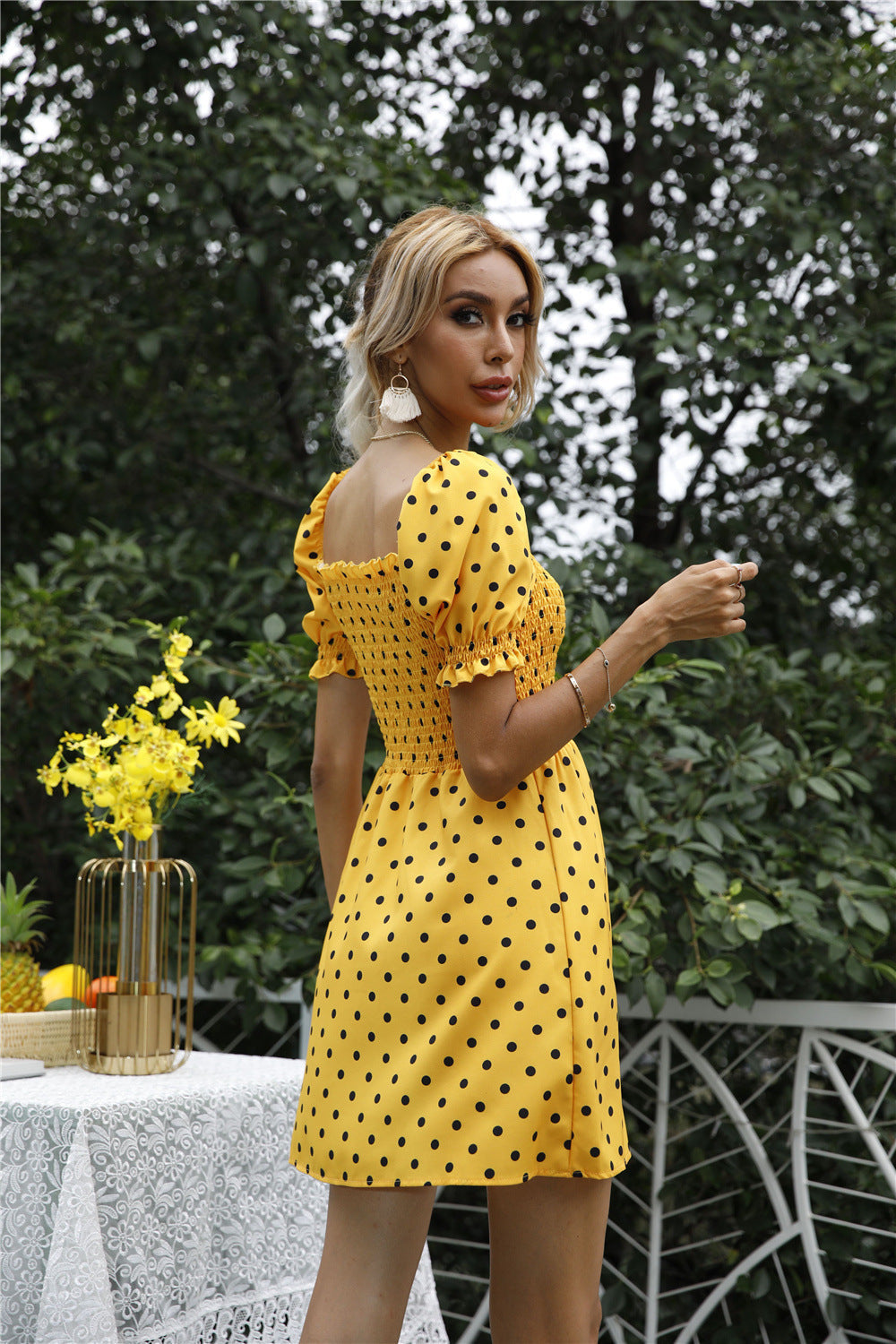 Polka Dot Square Neck Puff Sleeve Fit & Flare Mini Dress
