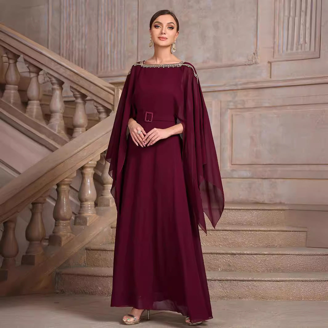 Solid Color Shawl Sleeve round Neck Belt Chiffon Elegant Cocktail Evening Dress - Fashionpara