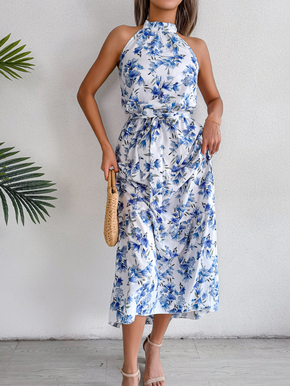 Floral Print Halter Neck Tie Waist Midi Dress
