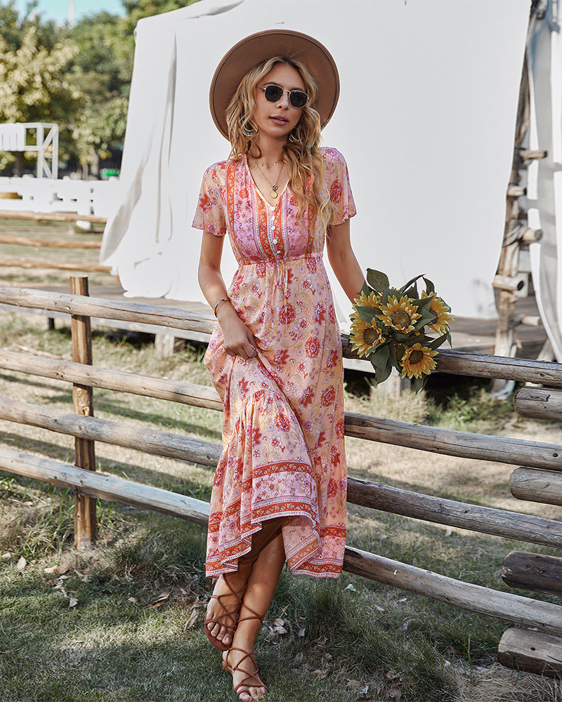 Floral Print V-Neck Flutter Sleeve Tiered Midi Dress