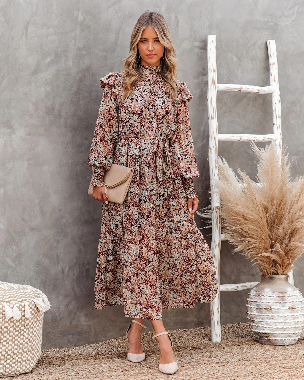 Floral Print High Neck Long Sleeve Tiered Midi Dress