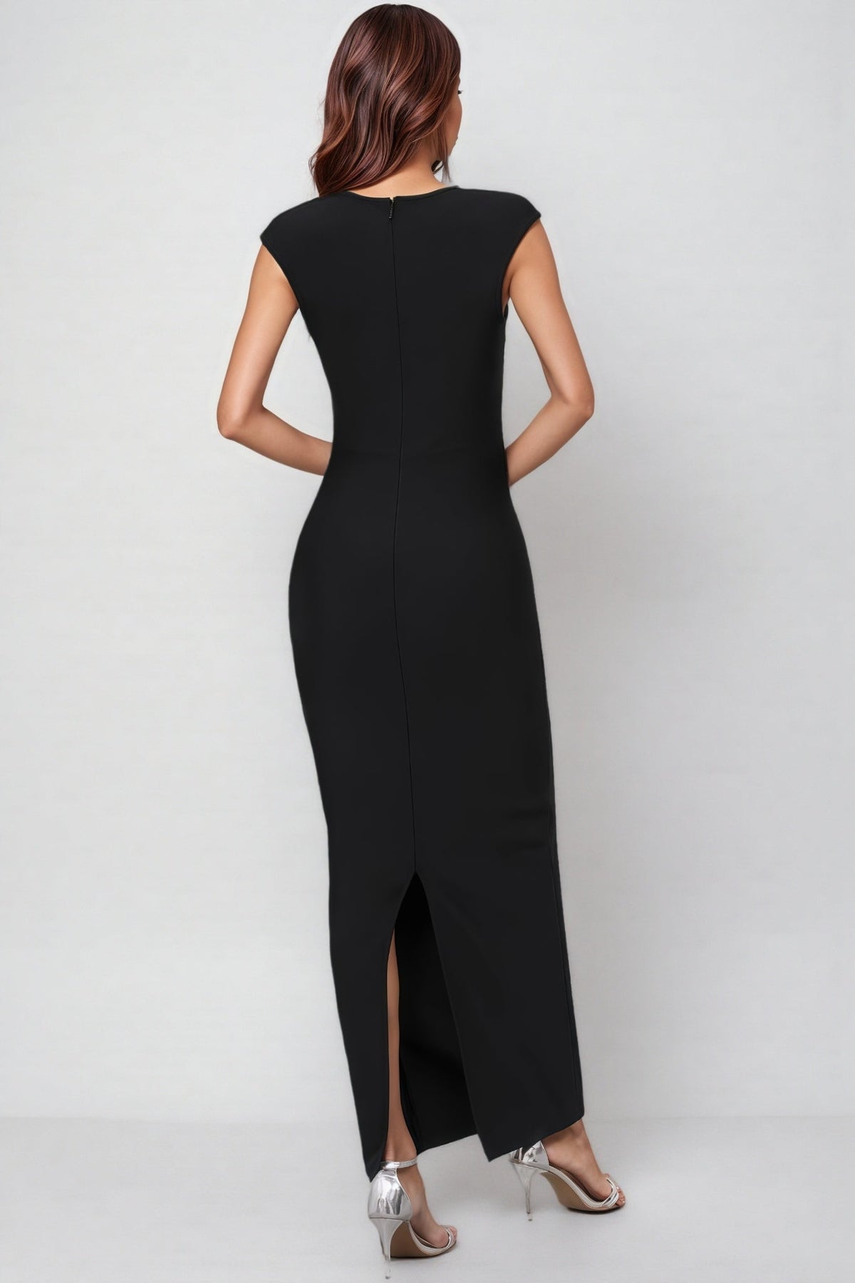 Rhinestone Floral Cap Sleeve Scoop Neck Waist Motif Bandage Maxi Gown - View 4