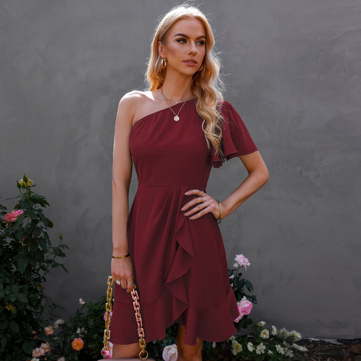 One Shoulder Ruffle Fit & Flare Mini Dress