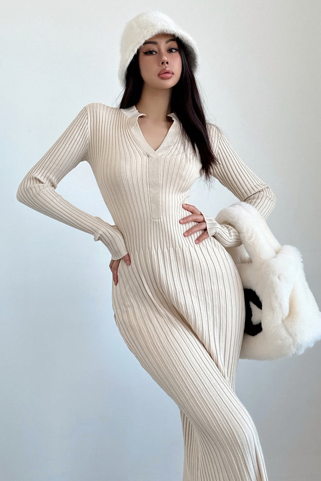 V-Neck Long Sleeve Knit Sweater Dress for Effortless Style