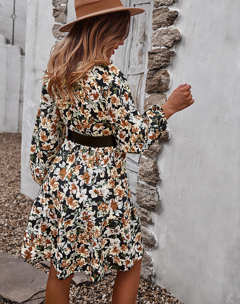 Floral Print Tie Neck Long Sleeve Tiered Midi Dress