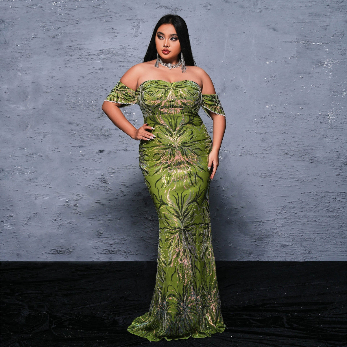 Sequin Off Shoulder Short Sleeve Mermaid Maxi Gown