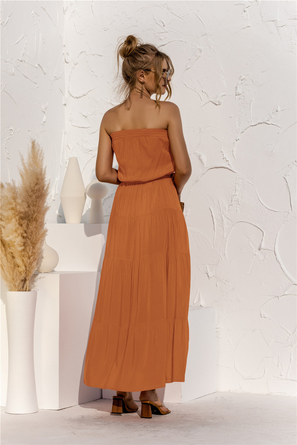 Strapless Tiered Belted Maxi Dress