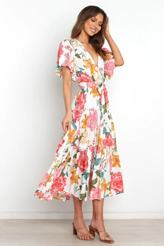 Floral Print V-Neck Flutter Sleeve Tiered Midi Dress 3