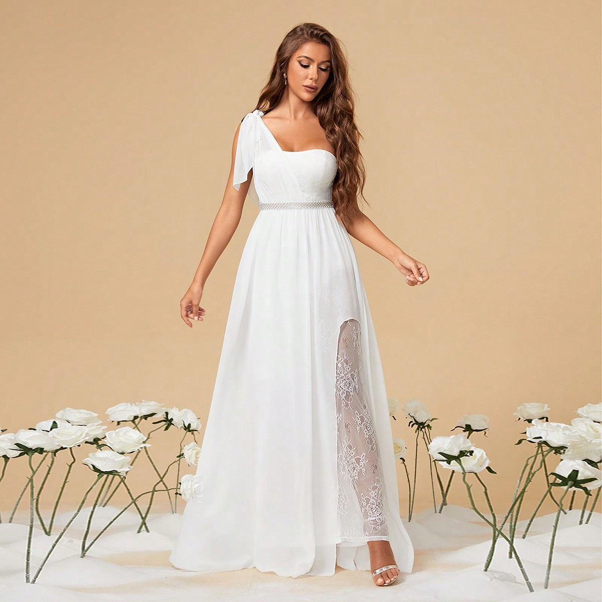 Chiffon One Shoulder Tie Strap Lace High Split A-Line Maxi Dress - View 2