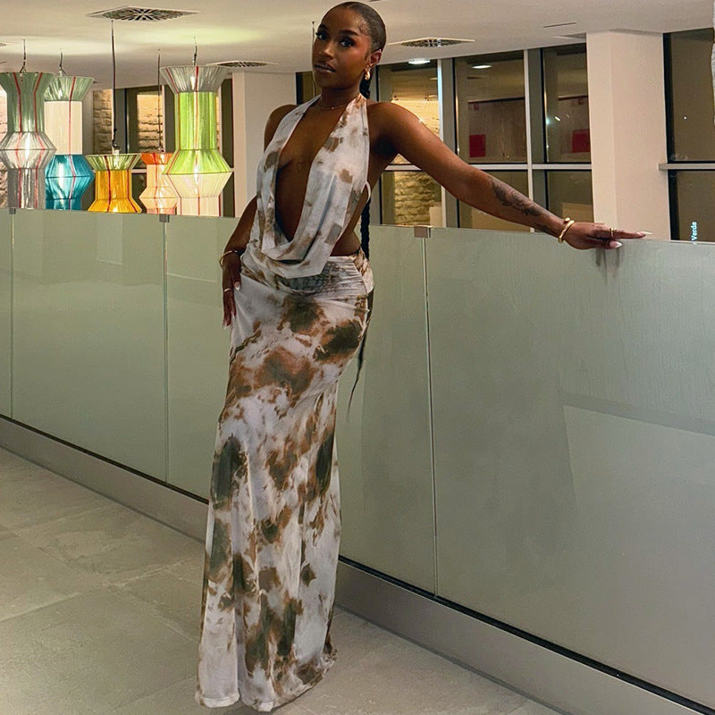 Solid-Color Halter Dress With Hollowed-Out Crop Tops