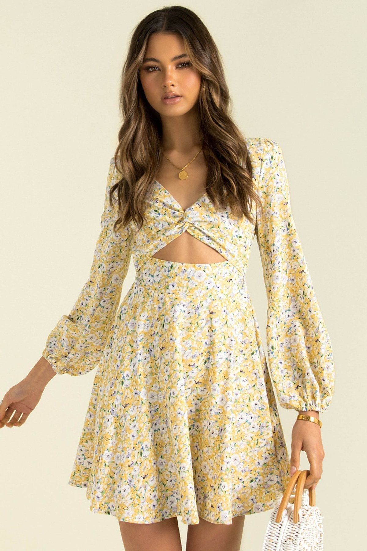 Floral Print Twist Front Cutout Puff Sleeve Mini Dress