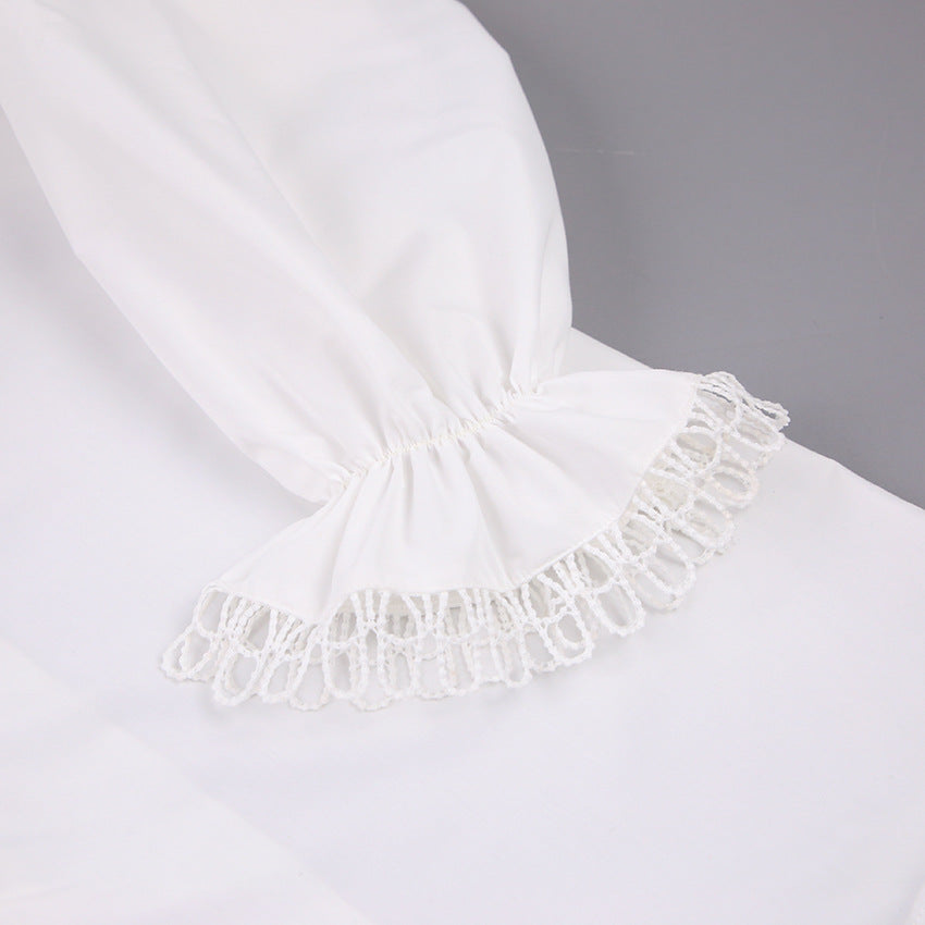 Ruffled Deep V-Neck Lace Trim Blouse