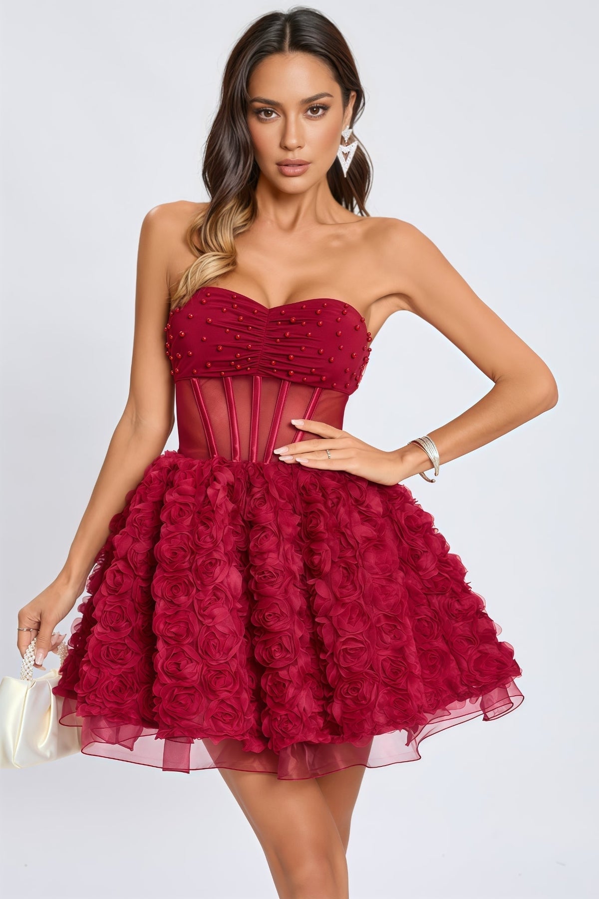Beaded Strapless Corset 3D Rose Tulle Mini Dress - View 6