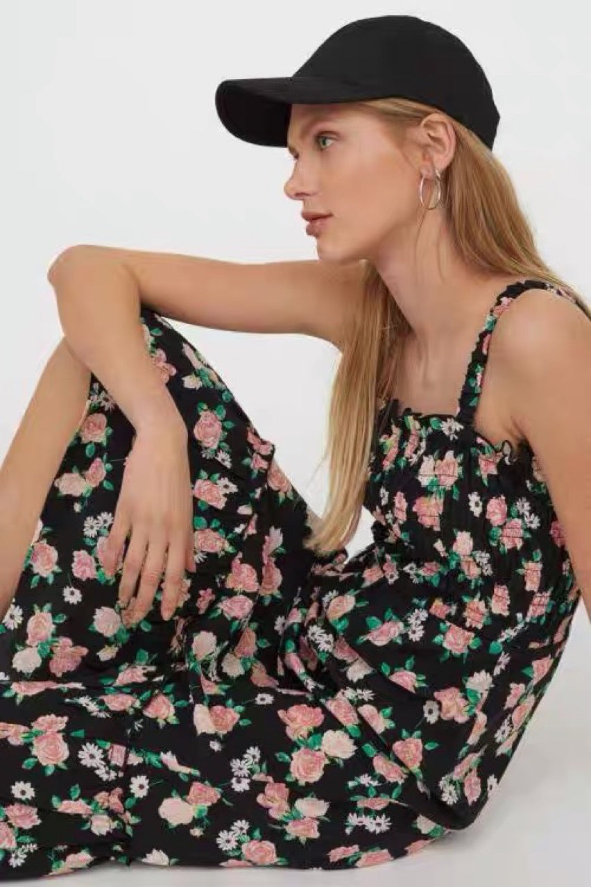 Floral Square Neck Sleeveless Tiered Midi Dress