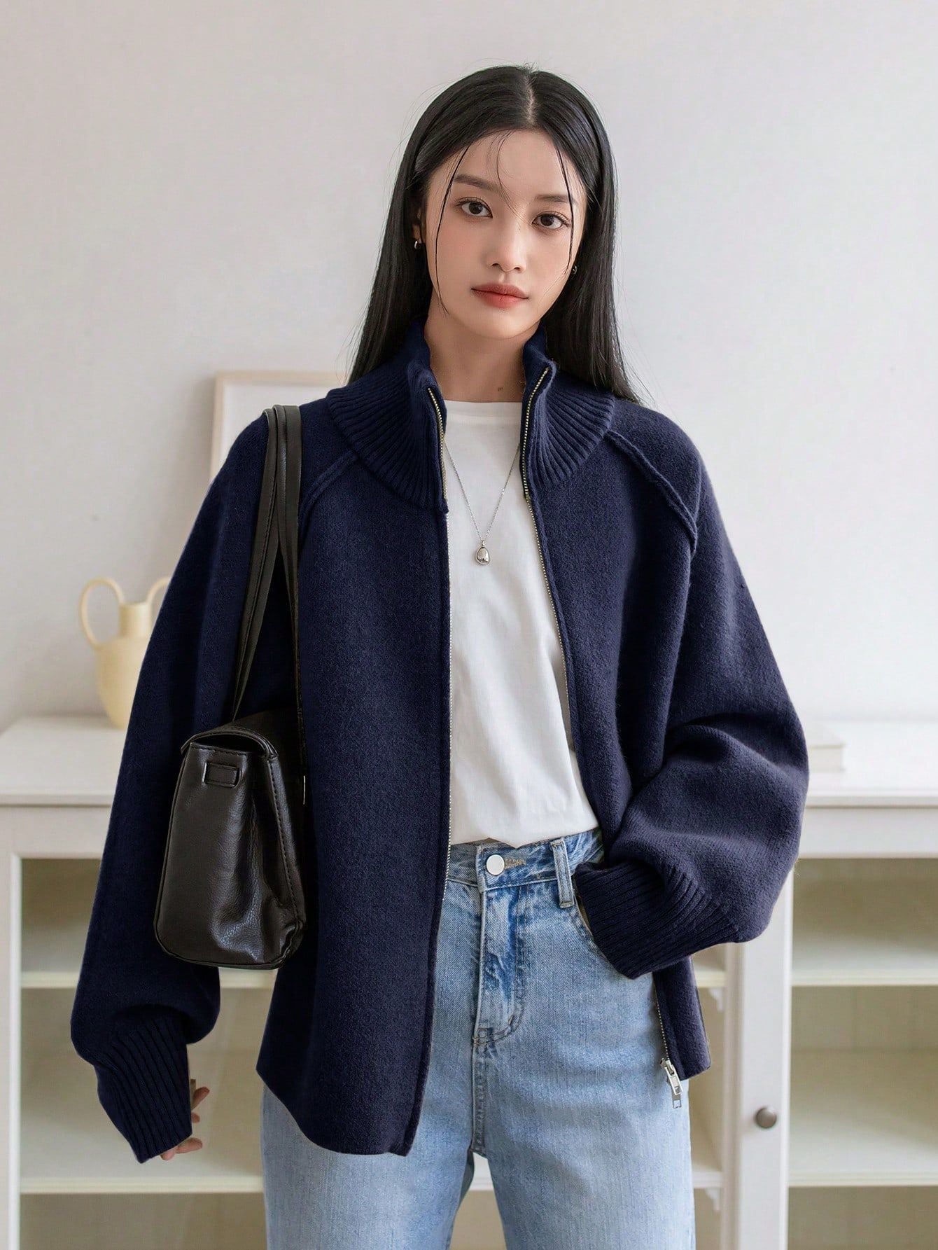 Cozy Zippered Knitted Cardigan with Stand Collar Design