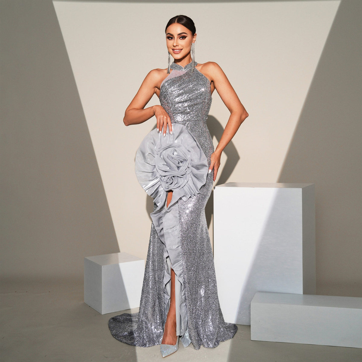 Sequin Halter Neck Rosette High Split Ruffle Mermaid Gown - View 2