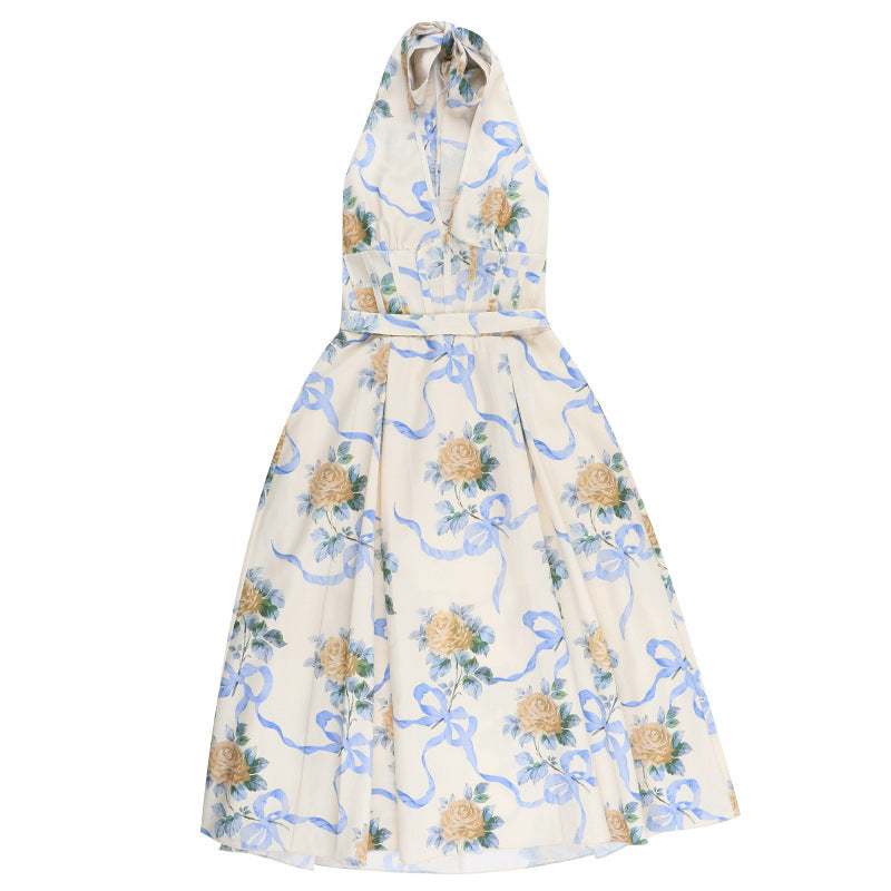 Floral Print Halter Neck Corset Bodice A-Line Midi Dress 9