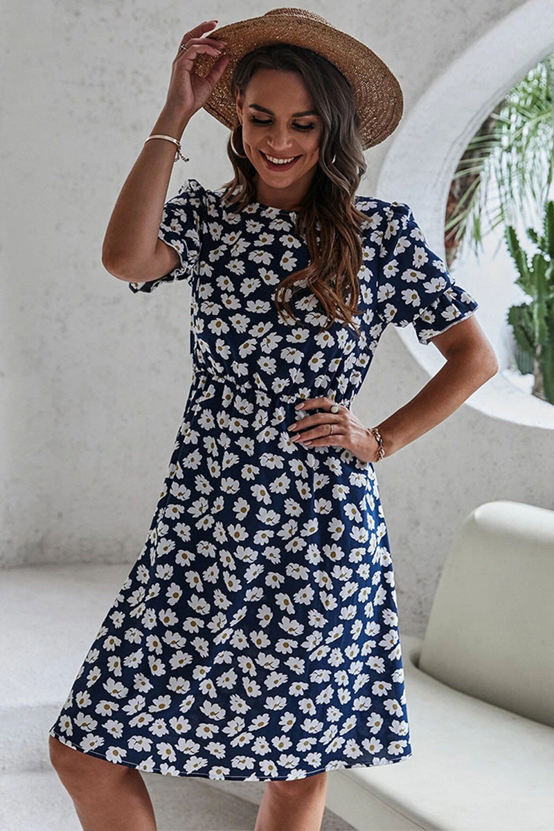 Floral Print Round Neck Puff Sleeve A-Line Midi Dress