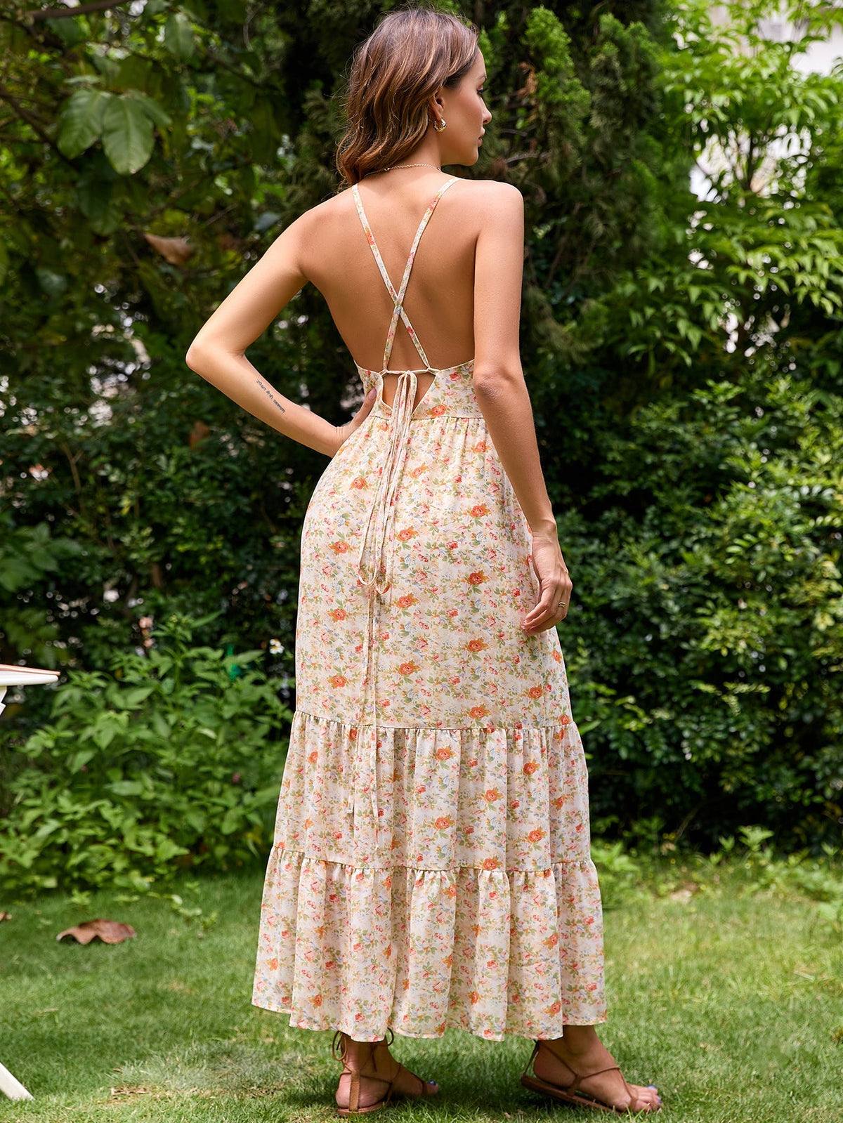 Floral Print V-Neck Twist Front Tiered Maxi Dress