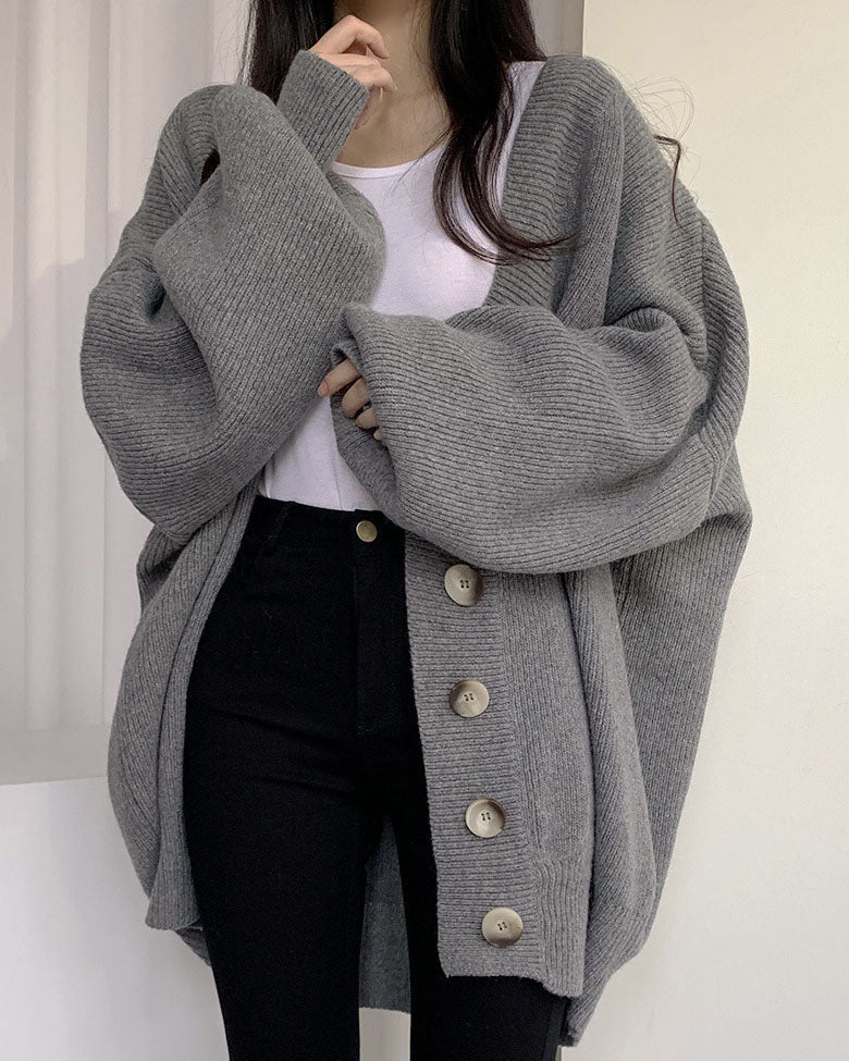 V-neck Loose Lantern Sleeve Knitted Cardigan Sweater