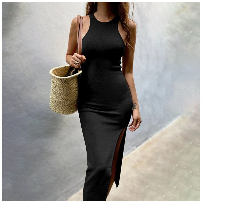 High Neck Sleeveless Side Slit Bodycon Midi Dress