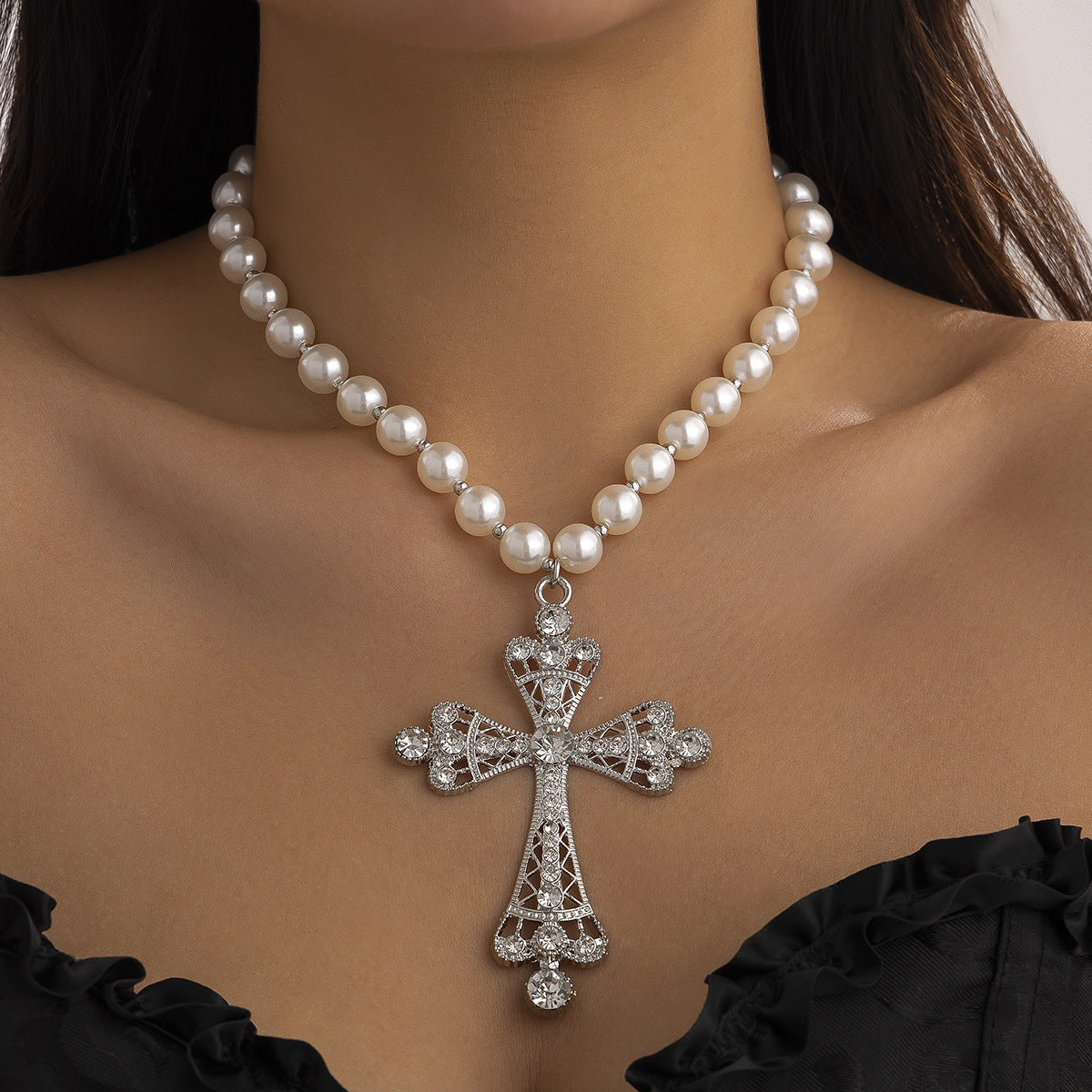 Imitation Pearl Cross Gothic Pendant Necklace Silver Halloween