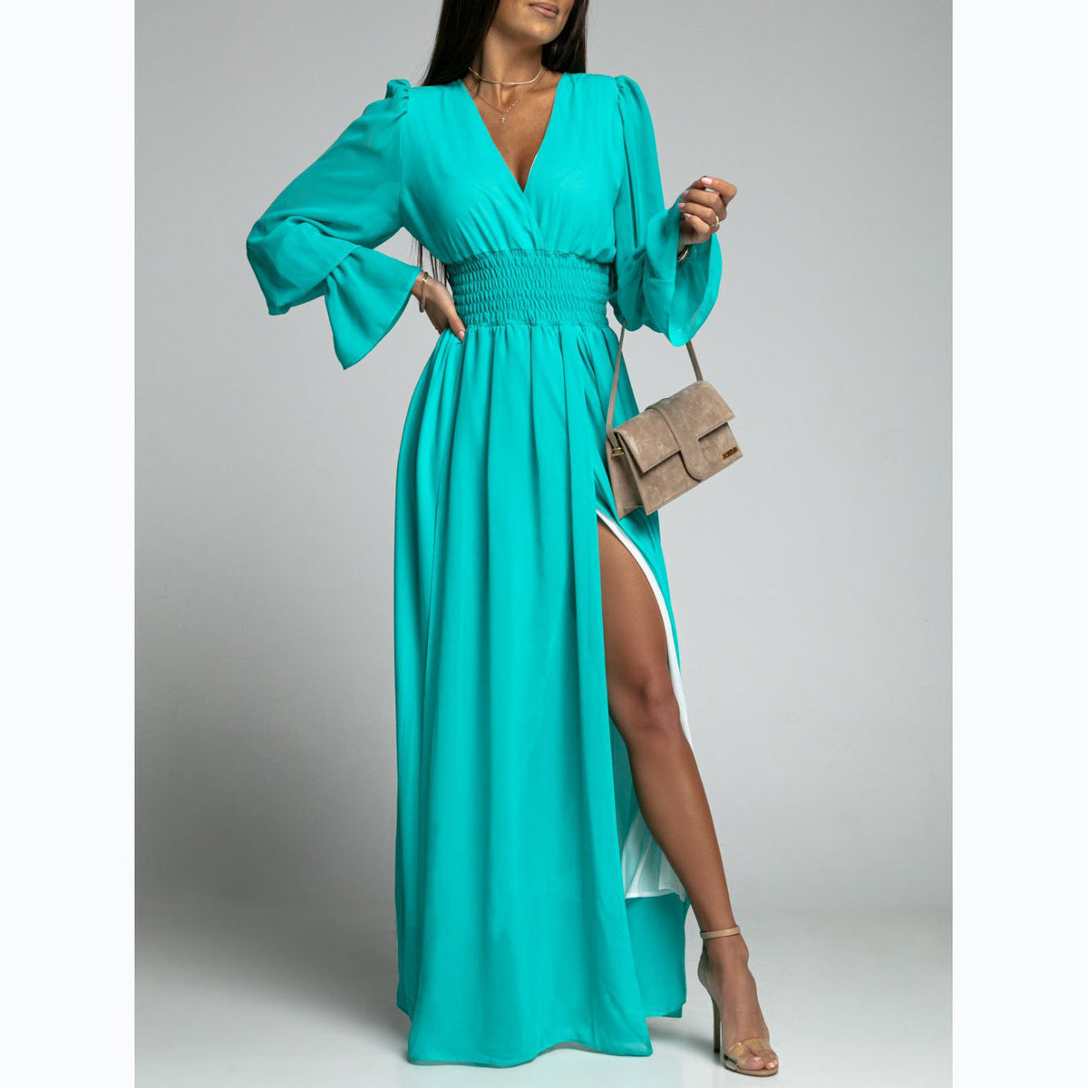 Chiffon Deep V-Neck Puff Sleeve Bell Cuff Smocked Maxi Dress