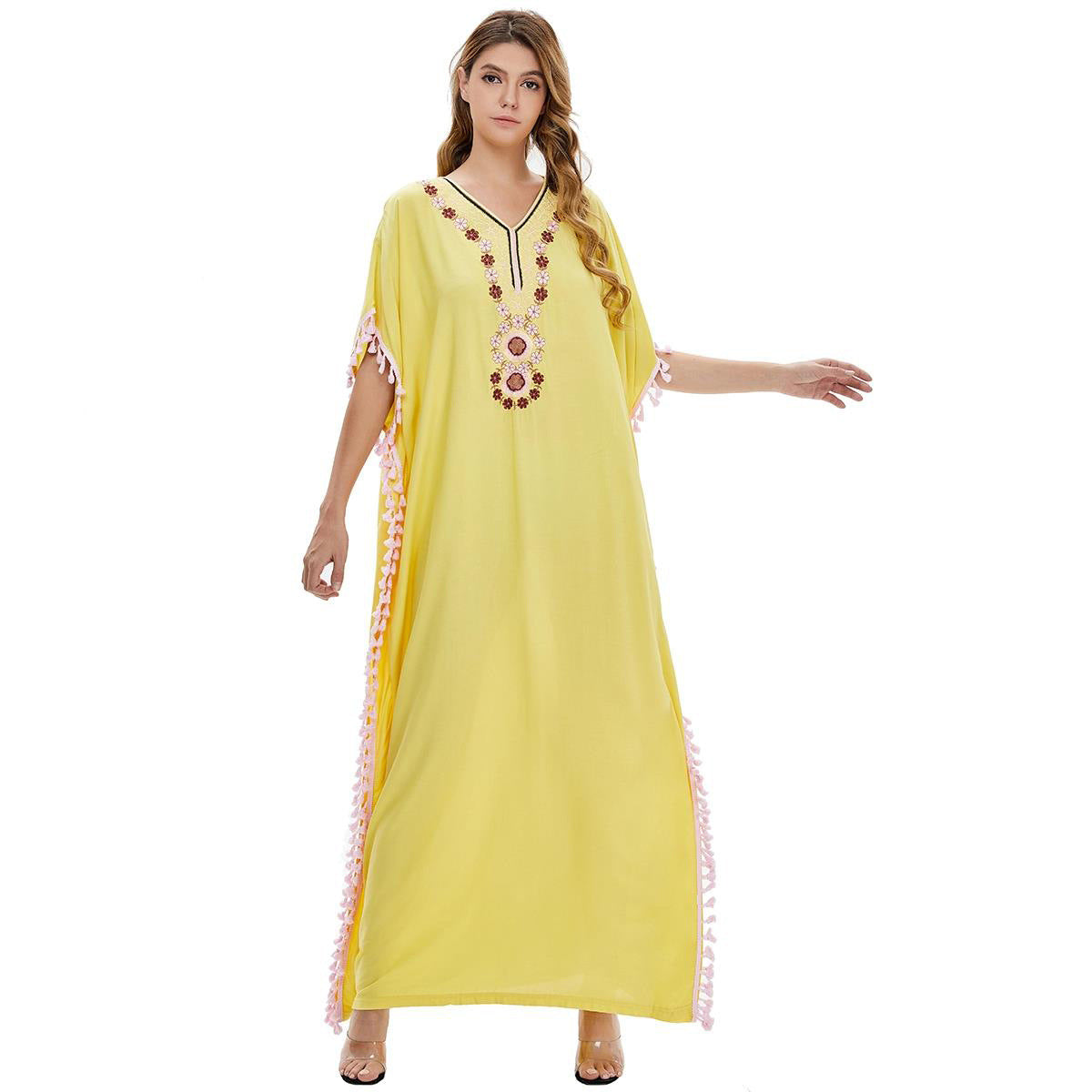 Embroidered V-Neck Tassel Trim Kaftan Maxi Dress