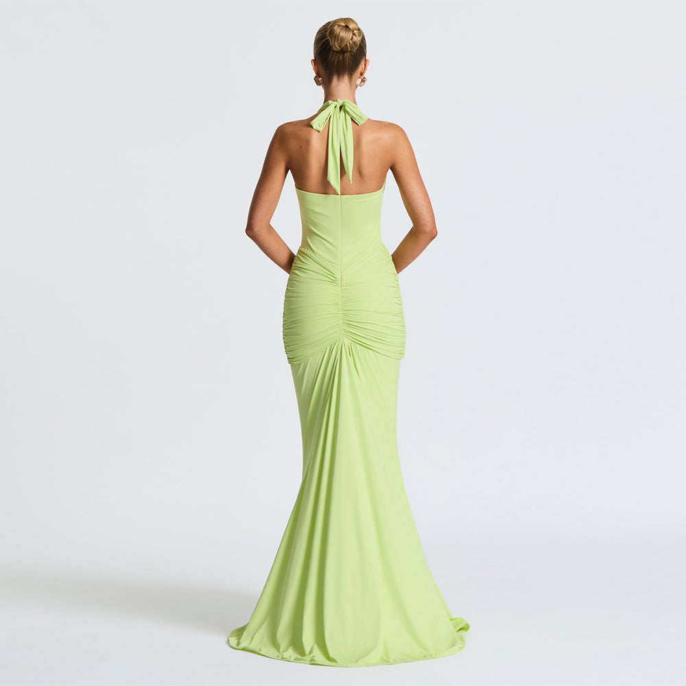 Plunge Halter-Neck Ruched Fishtail Mermaid Gown 3