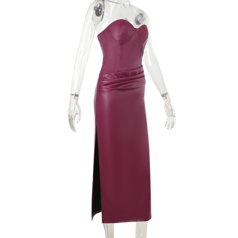 Faux-Leather Strapless Sweetheart High-Slit Maxi Dress 9